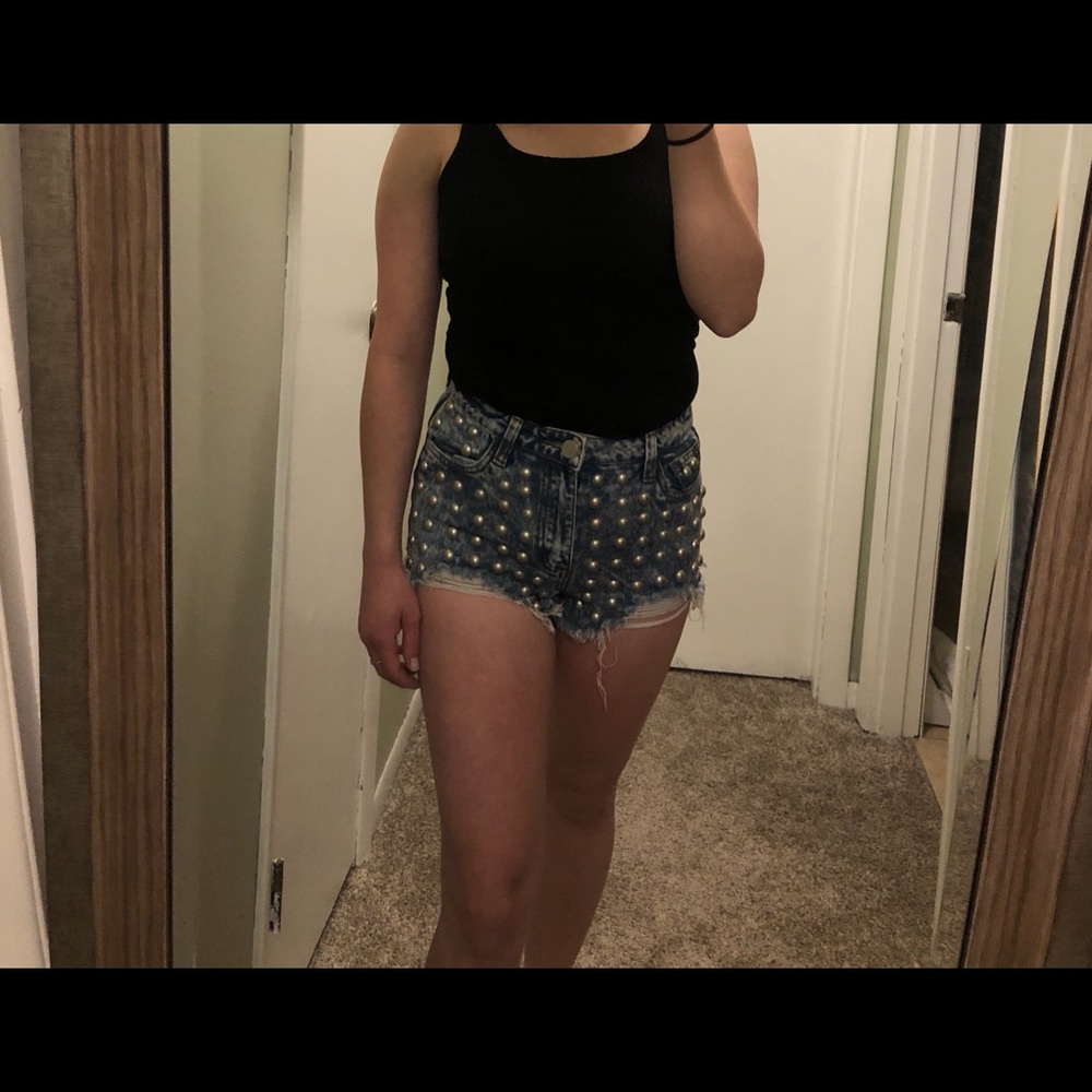 Pearl beaded jean shorts